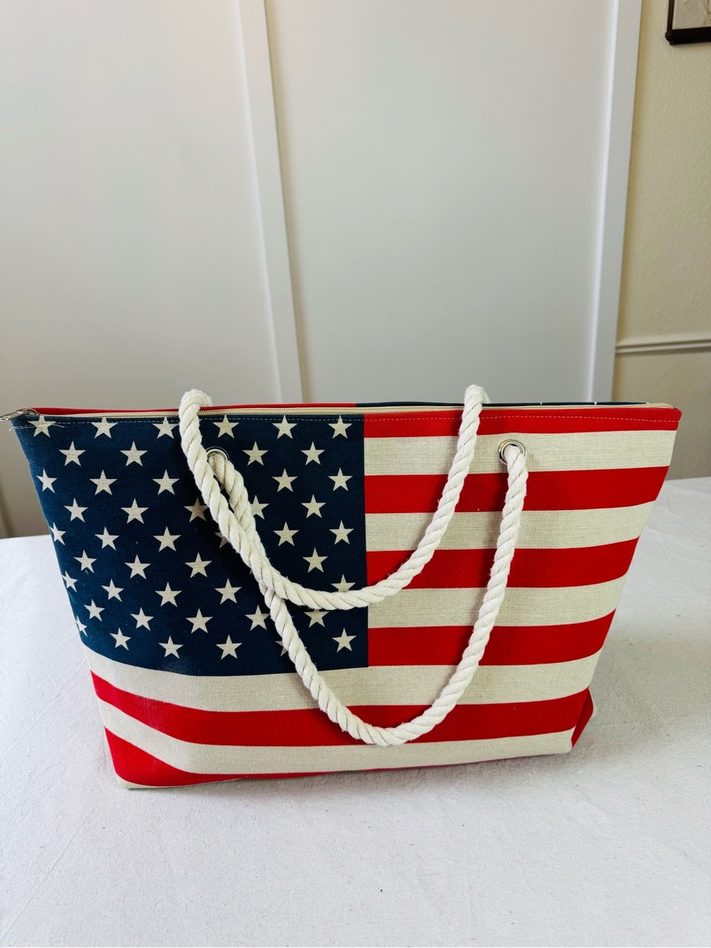 Patriotic American Flag Canvas Tote Bag with Rope Handles